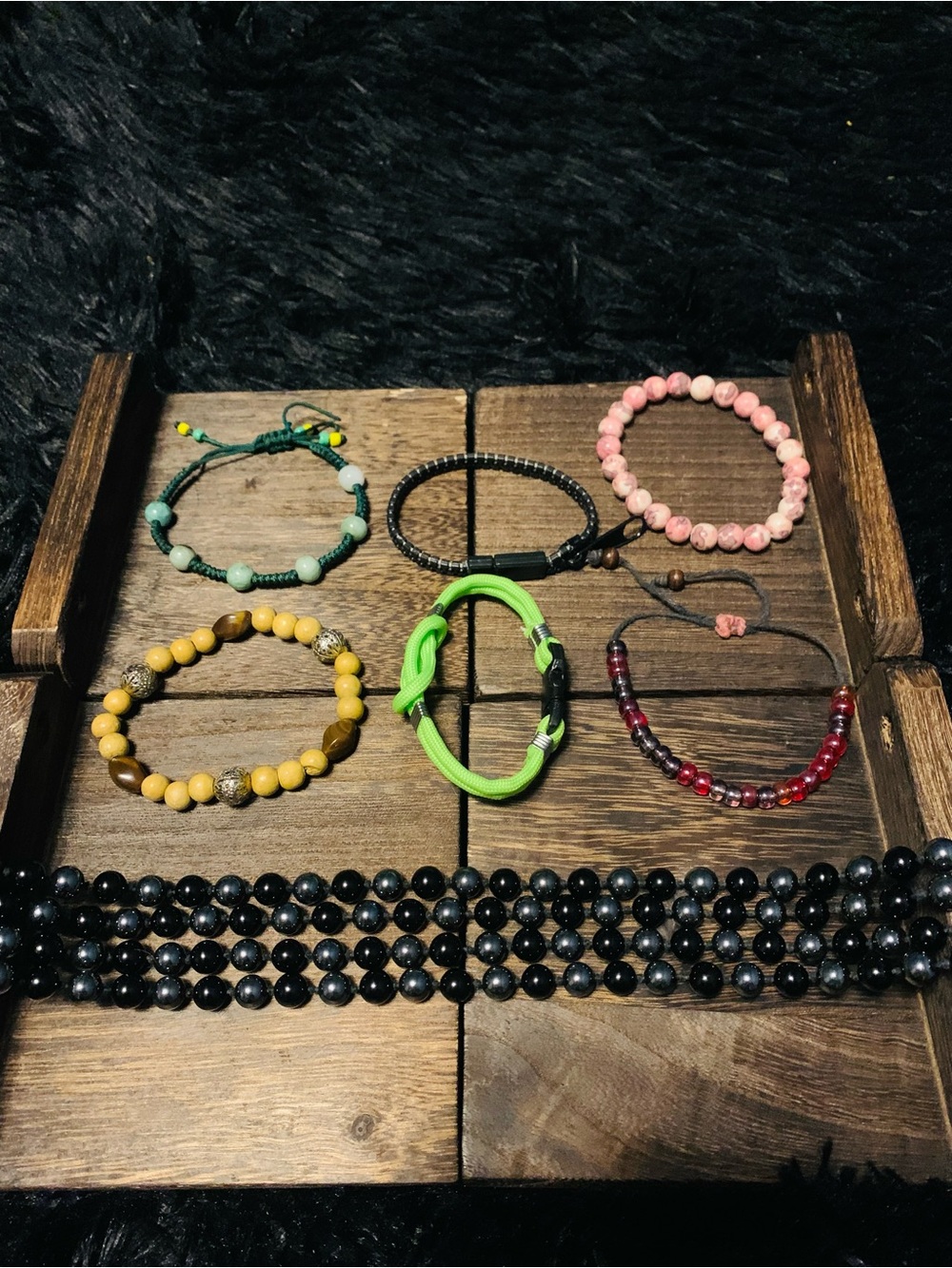 Mixed Bracelet Set Beaded, Cord, Zipper-Pink, Yellow, Green, Black, Red+Necklace